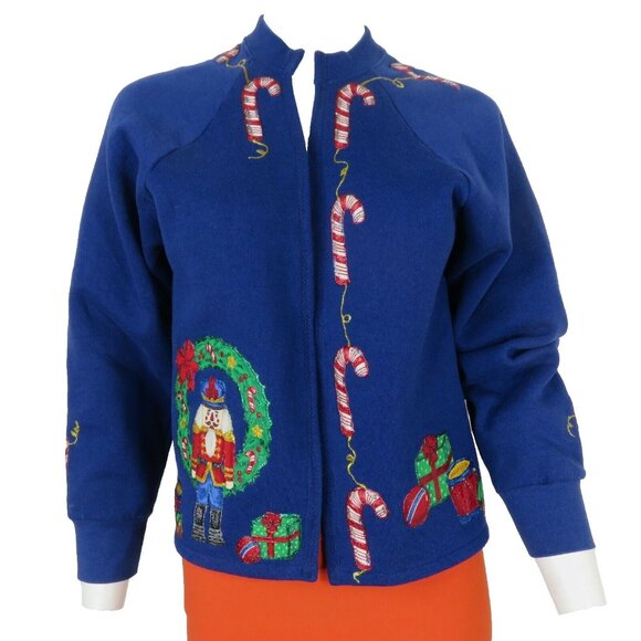 Vintage Fruit Of The Loom Christmas Sweater Blue Nutcracker Candy Cane Gifts M - Picture 11 of 16